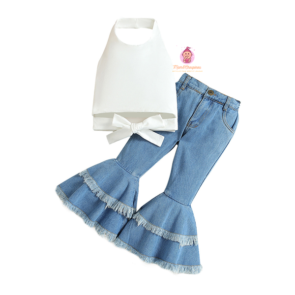 Ensemble fille haut blanc et jean évasé à volants
