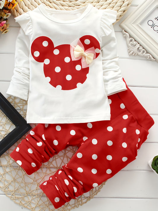 Ensemble 2 pcs pour fille avec t-shirt à manches longues à pois et pantalon