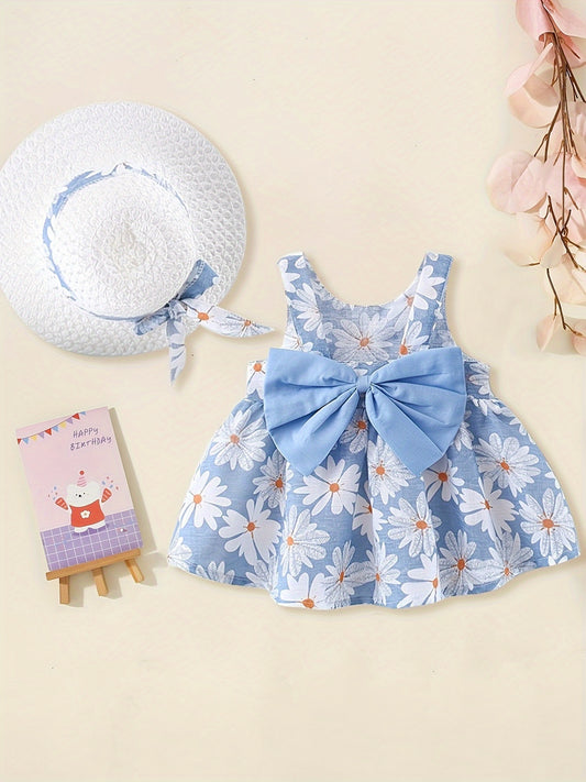 Robe sans manches et chapeau avec nœud mignon pour bébé