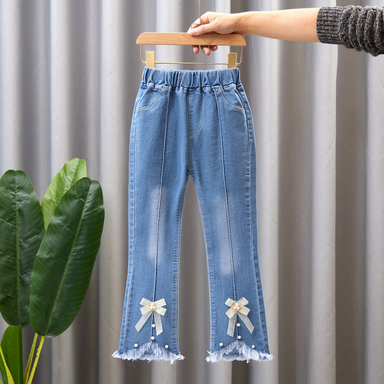 Pantalon en jean pour fille avec nœud et perle