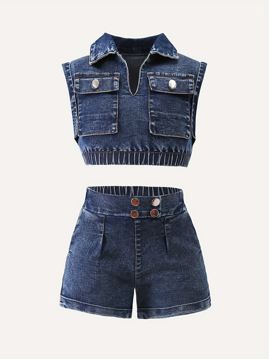 Ensemble jean top col V+short