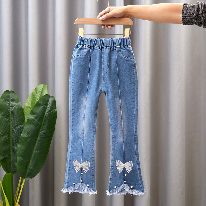 Pantalon en jean pour fille avec nœud et perle