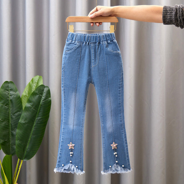 Pantalon en jean pour fille avec nœud et perle