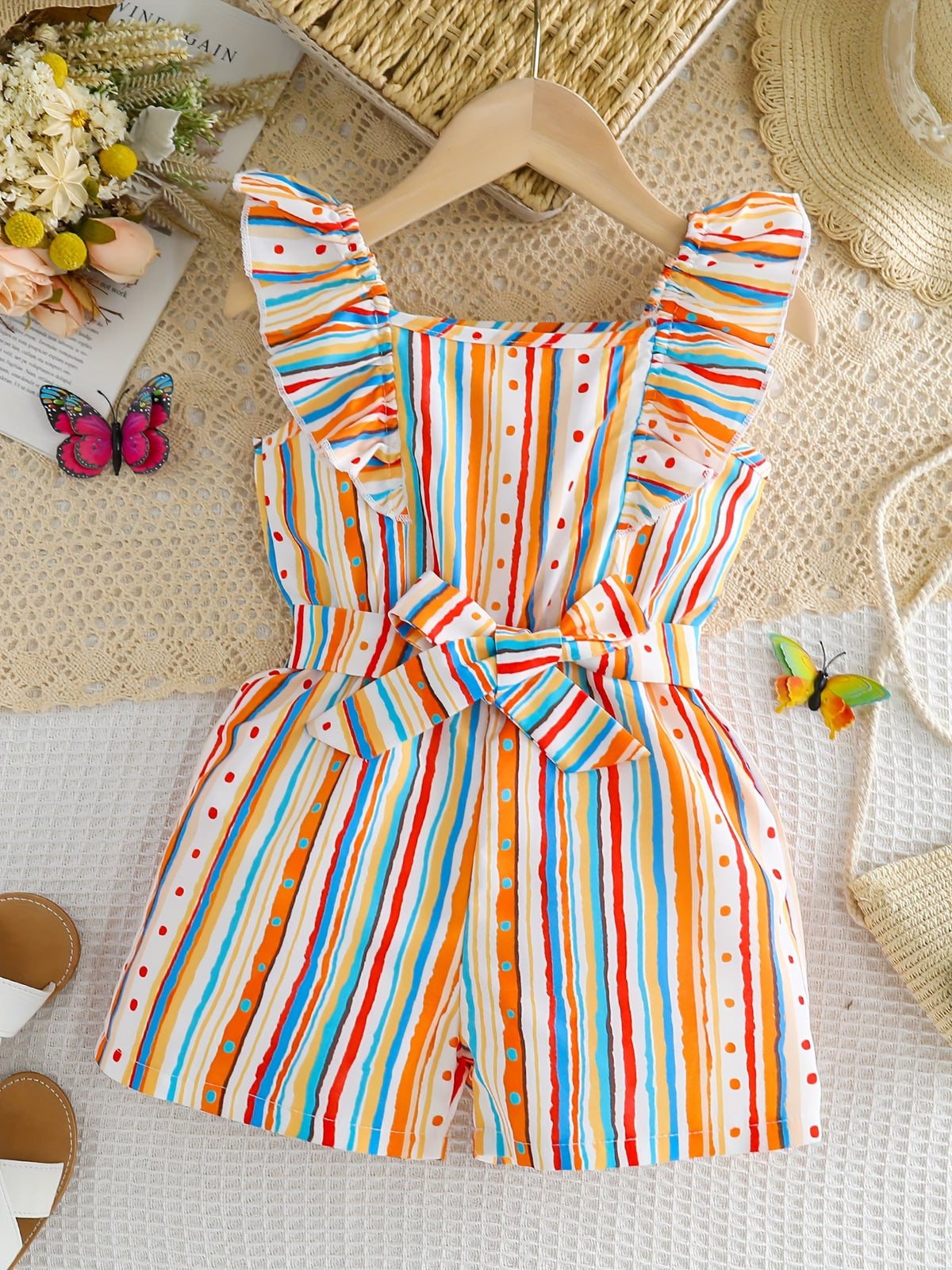 Combinaison sans manches à volants rayés pour filles dans le style bohème