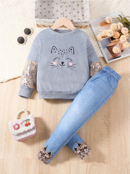 Ensemble sweat-shirt motif chat et paillettes + pantalon iimitation denim