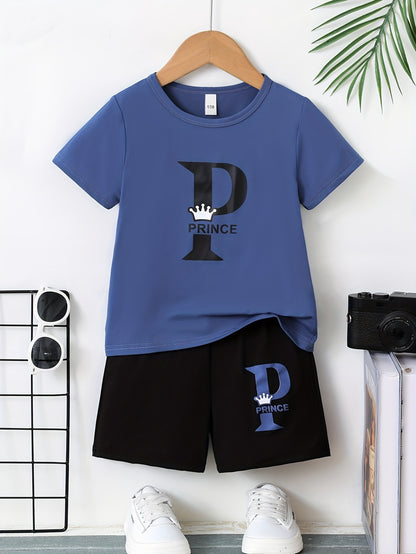 Ensemble de t-shirt et short casual pour garçons avec impression graphique de lettres PRINCE