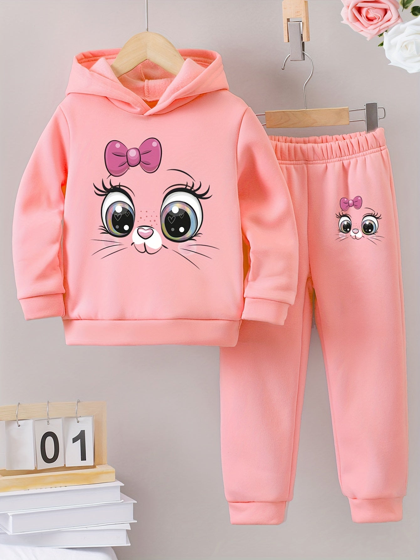 Pull à capuche avec motif chat pour filles + pantalon de sport