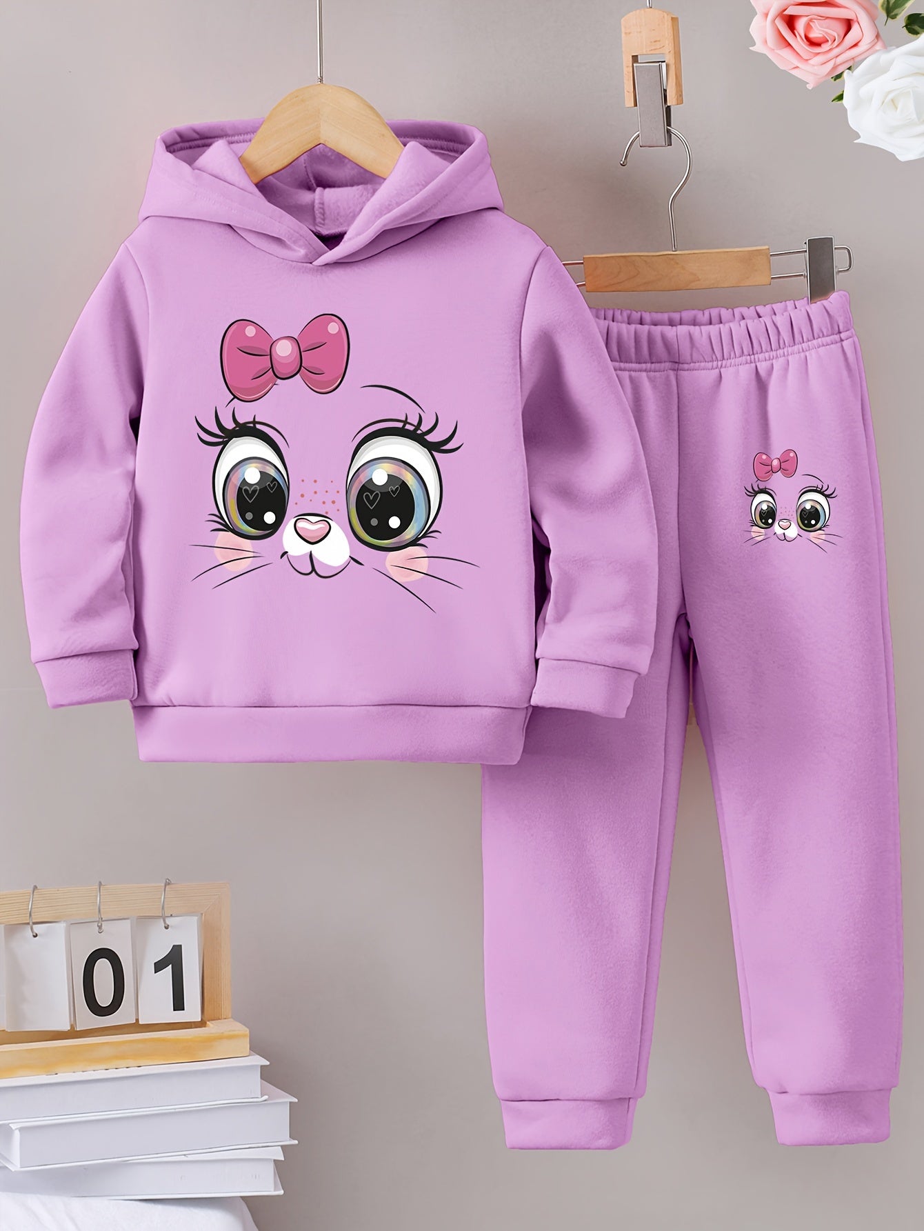 Pull à capuche avec motif chat pour filles + pantalon de sport