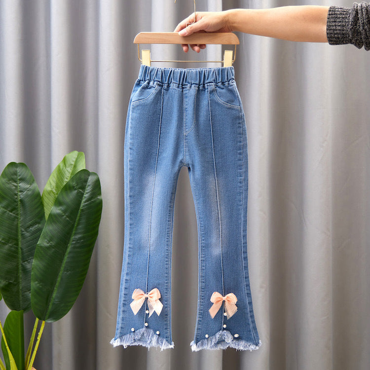Pantalon en jean pour fille avec nœud et perle