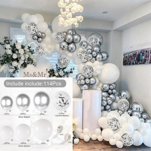 Kit ballons blanc et argenté avec accessoires - 114 pièces