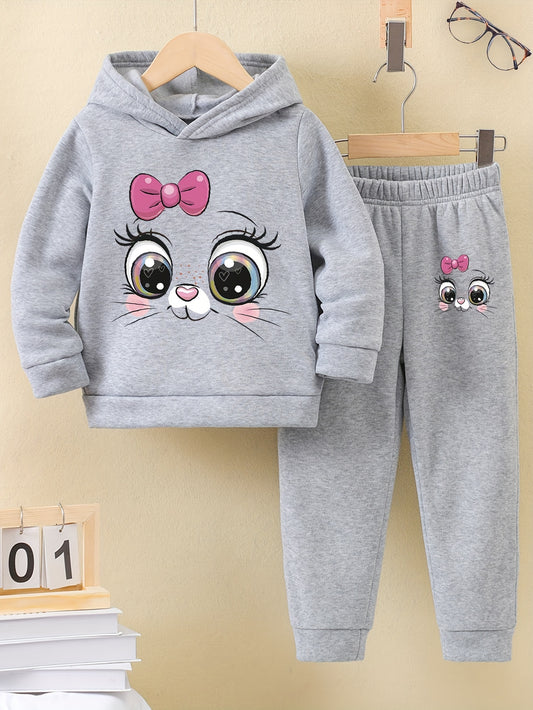 Pull à capuche avec motif chat pour filles + pantalon de sport