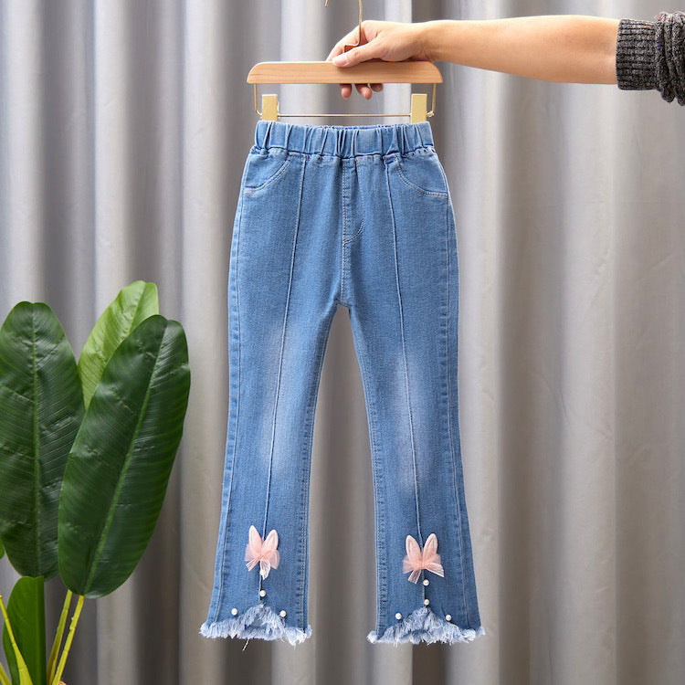 Pantalon en jean pour fille avec nœud et perle