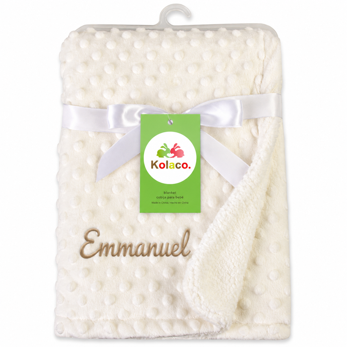Couverture bébé polaire blanc cassé personnalisée avec prénom brodé Emmanuel