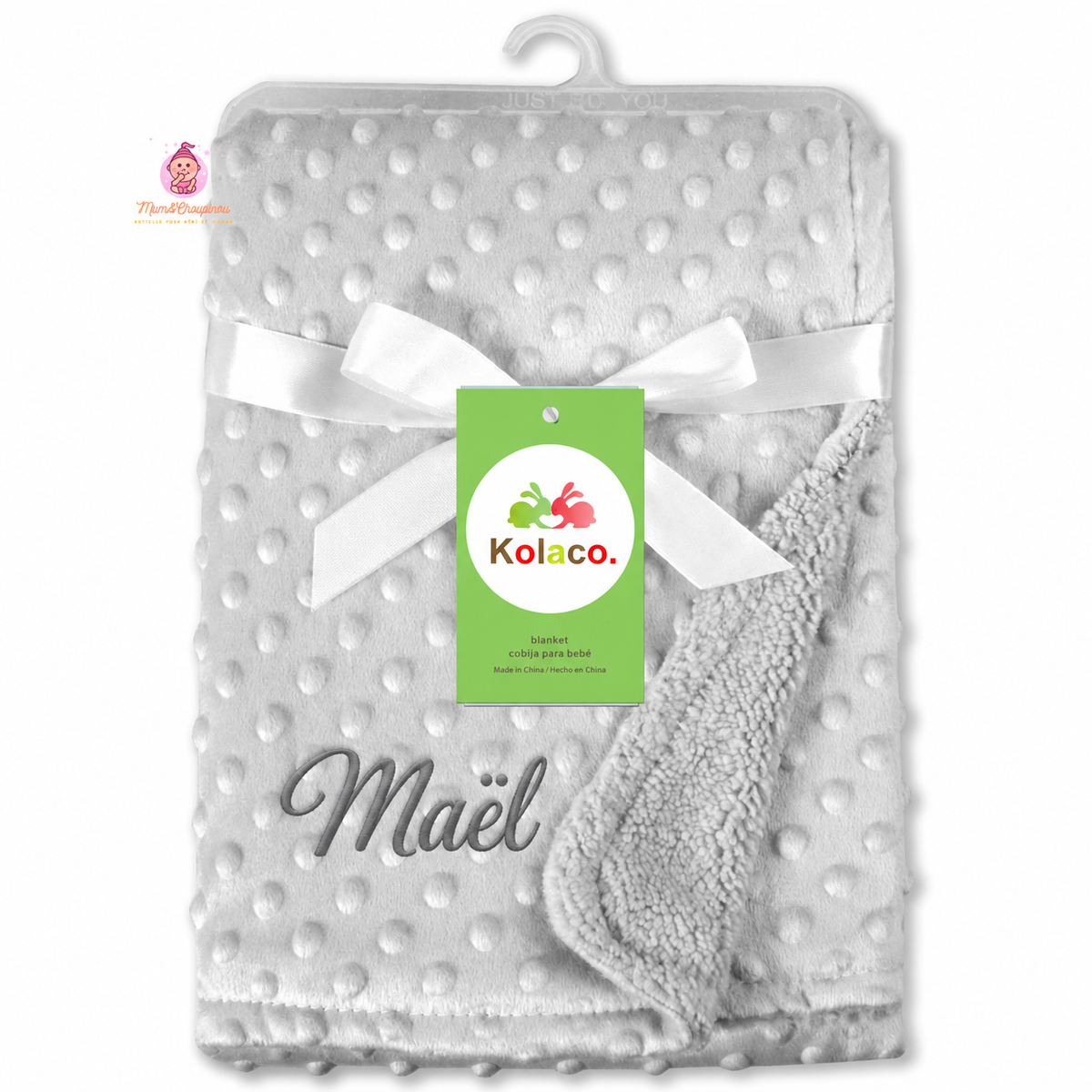Couverture bébé polaire gris clair personnalisée avec prénom brodé Maël