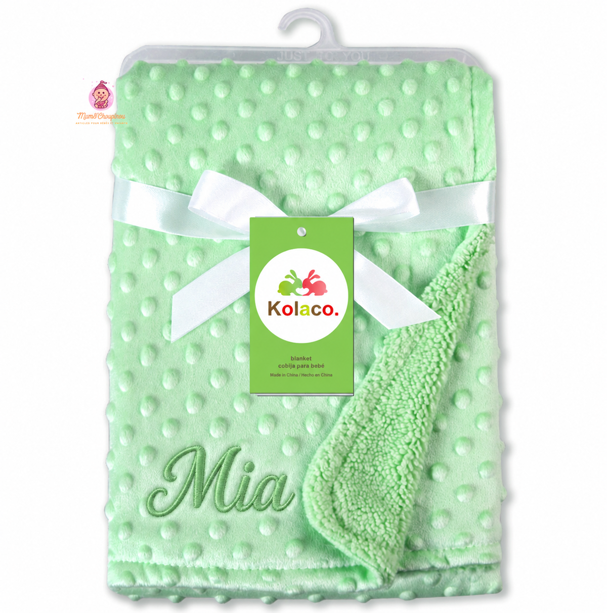 Couverture bébé polaire vert clair personnalisée avec prénom brodé Mia