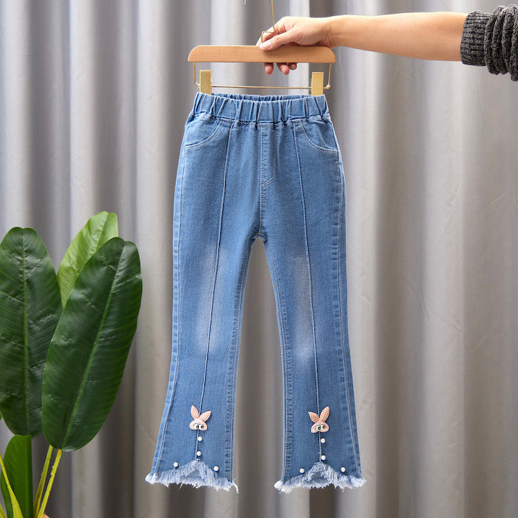 Pantalon en jean pour fille avec nœud et perle