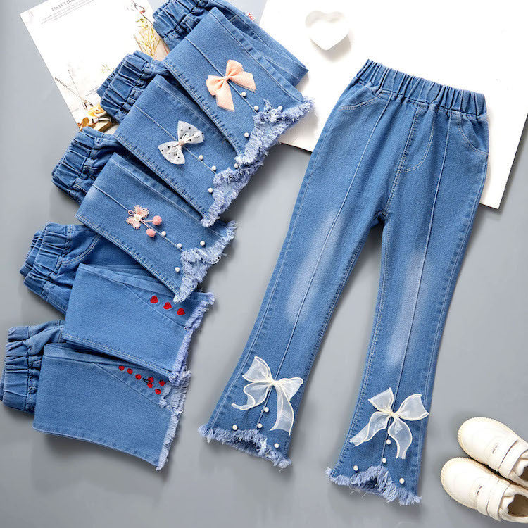 Pantalon en jean pour fille avec nœud et perle