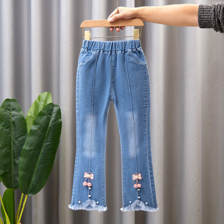 Pantalon en jean pour fille avec nœud et perle
