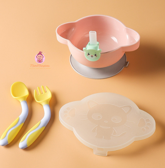 Ensemble bol à ventouse et couverts